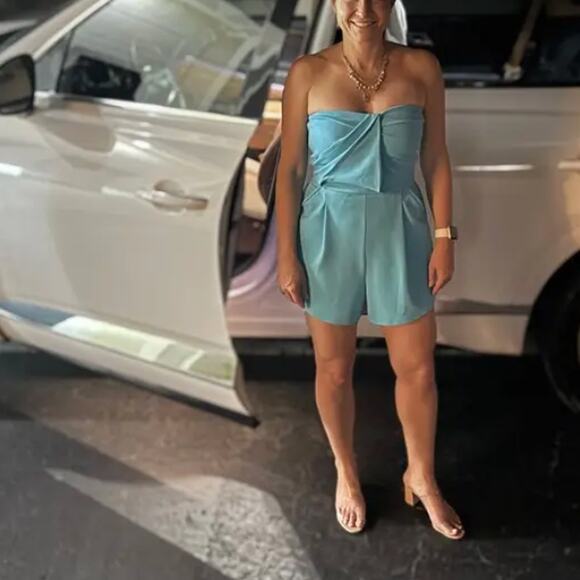 Great Jones Blue Strapless Romper LARGE Turquoise Vacation Resort Designer $260 - Picture 5 of 11